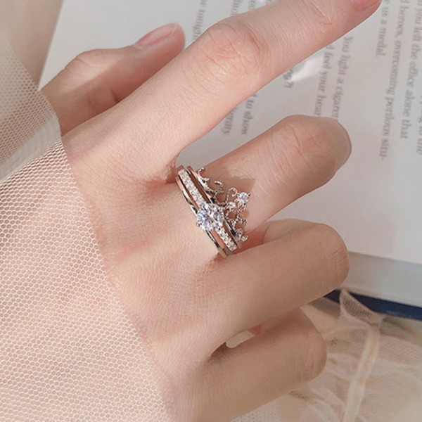 Nhẫn vương miện 2 lớp lồng vào nhau đính đá phong cách Hàn Quốc