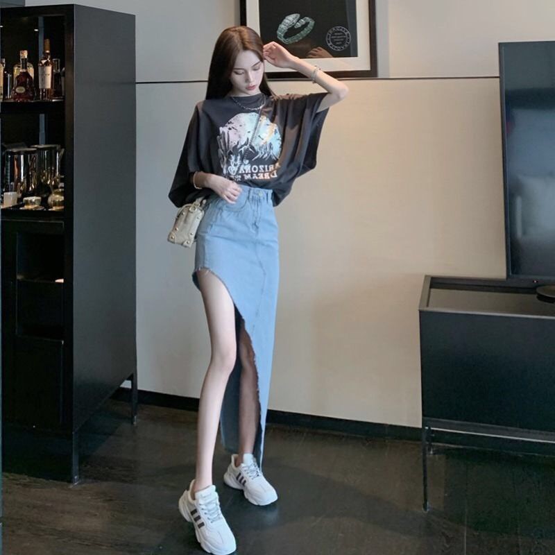 Chân Váy Bò Dáng Dài Thiết Kế Độc Đáo/ Váy Bò Xanh Ins Eo Cao Hở Đùi Sexy Cá Tính V00147 | BigBuy360 - bigbuy360.vn