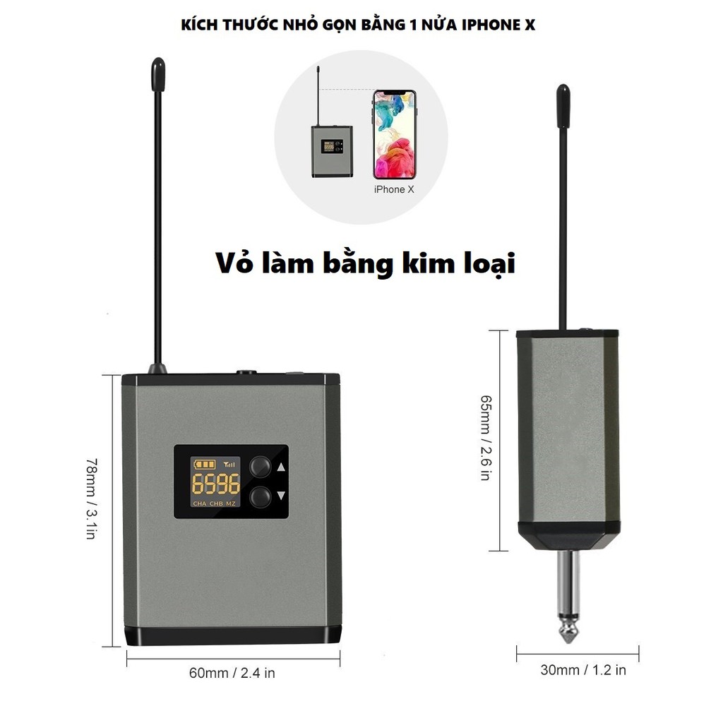 Micro không dây đeo tai hạt gạo màu da dùng pin sạc, sóng UHF