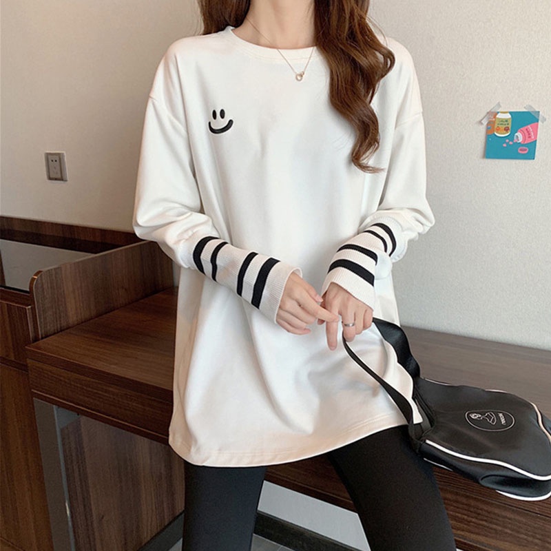 IELGYÁo Thun cotton Dáng Rộng Màu Trắng Thêu Hình Mặt Cười Đa Năng