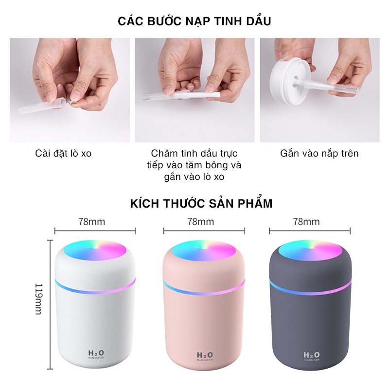 Máy Phun Sương Tạo Ẩm Xông Tinh Dầu Thơm Phòng H2O 300ML Đèn Led Cầu Vồng Xoay Tròn 7 Màu