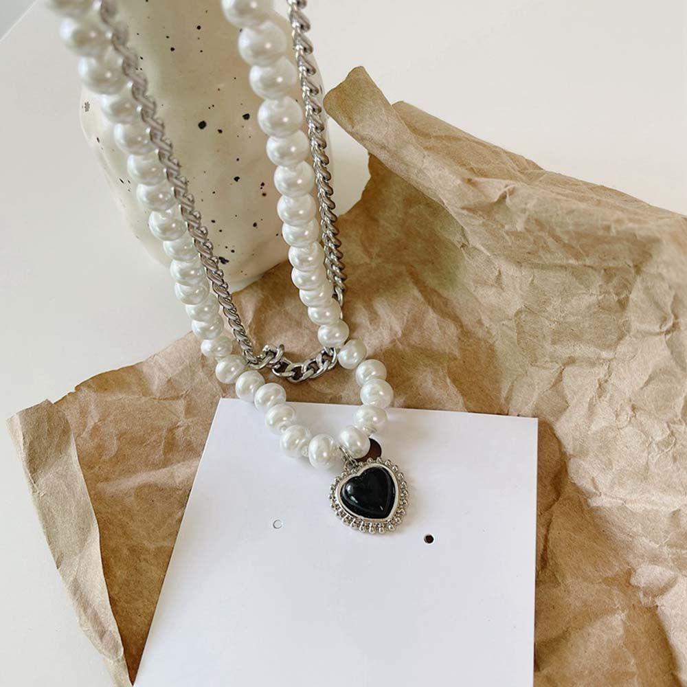 Dây Chuyền Hai Lớp Mặt Hình Trái Tim Màu Đen Phong Cách Hip Hop Thời Trang Cho Nữ