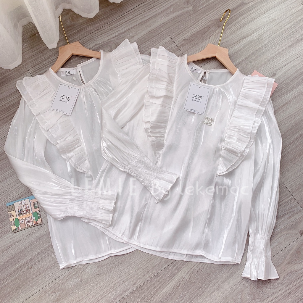 Áo Sơ Mi Trắng Tơ Óng Kiểu Mới Tiểu Thư Bánh Bèo Siêu Xinh , Áo Tay Bồng Cổ Viền Bèo A20