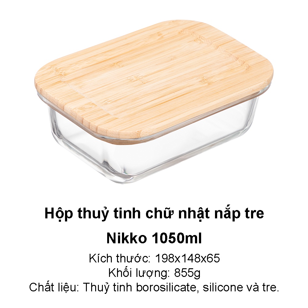 Hộp thủy tinh nắp tre hộp thực phẩm chữ nhật Nikko Inochi