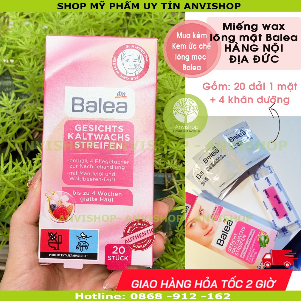 Miếng wax ria mép| Miếng dán tẩy lông mặt HÃNG BALEA Hộp 20 dải (10 cặp sáp + 4 KHĂN LAU SÁP)  ANVISHOP