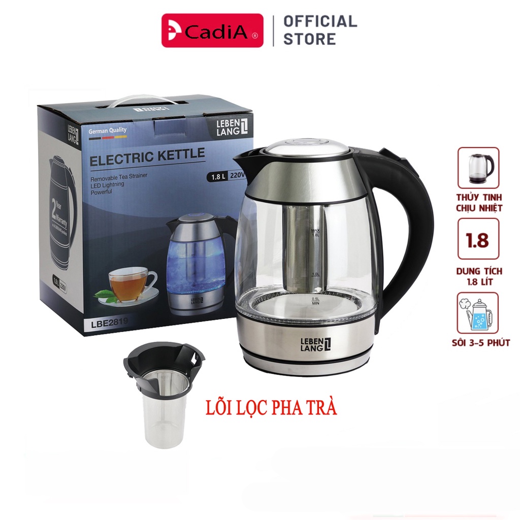 Ấm siêu tốc bình siêu tốc thủy tinh của Đức LEBENLANG LBE2819 1.8L