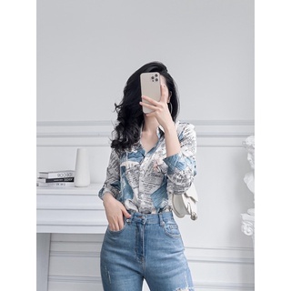 Áo sơ mi lụa hoạ tiết báo xanh