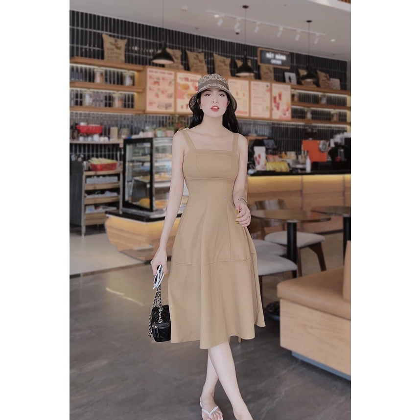 Đầm hai dây thô Quảng Châu thiết kế dáng dài xòe nhẹ tiểu thư, Váy maxi nữ dự tiệc 2 dây trẻ trung rẻ đẹp