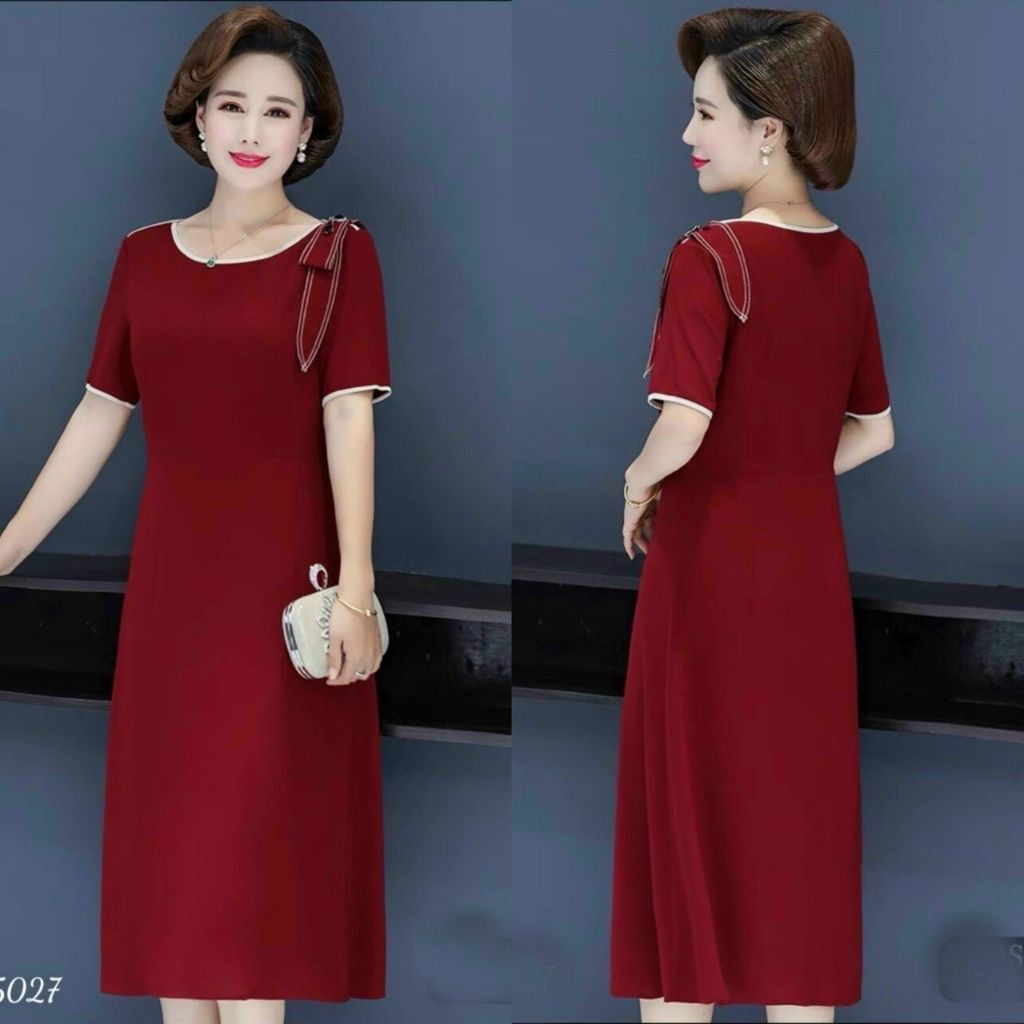 Váy Đầm Suông Trung Niên Cổ Tròn Cho Mẹ Dự Tiệc Sang Trọng