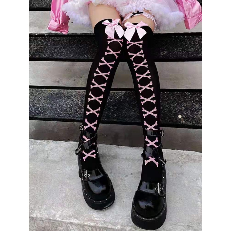Japanese Harajuku Long Socks Festival Party Cross Cosplay Black Stockings Dark Gothic Y2K Knee Thigh Socks for Women's Skirts