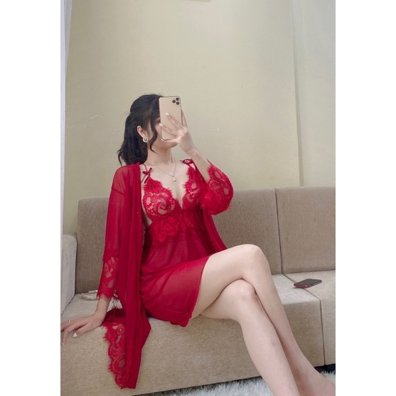 Sẵn sỉ _ Set choàng ngủ nữ 2 dây, đầm ngủ phối choàng ren kèm quần chip siêu sexy SP431