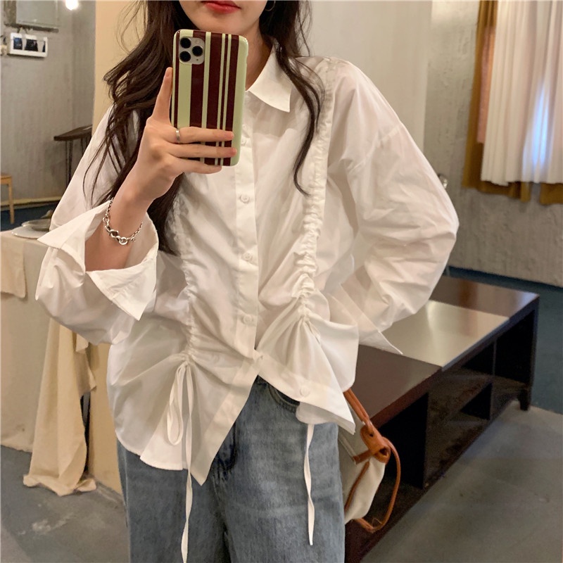 Áo Kiểu Tay Dài Dáng Rộng Phối Dây Rút Phong Cách Thời Trang Hàn Quốc Cho Nữ