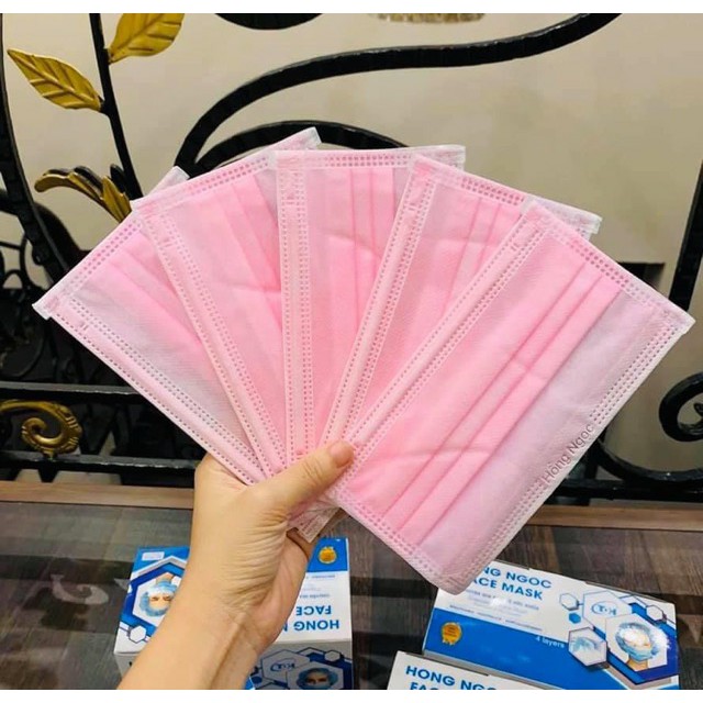 Khẩu trang y tế màu hồng 4 lớp Hồng Ngọc (logo, bo viền, đầy đủ hóa đơn, phiếu xuất kho)