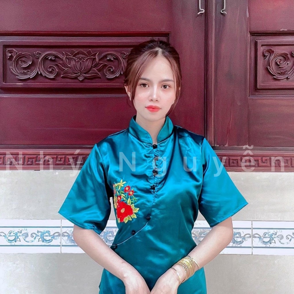Đồ Lam Nữ Đi Chùa Thêu Hoa Kèm Dây Cột Eo