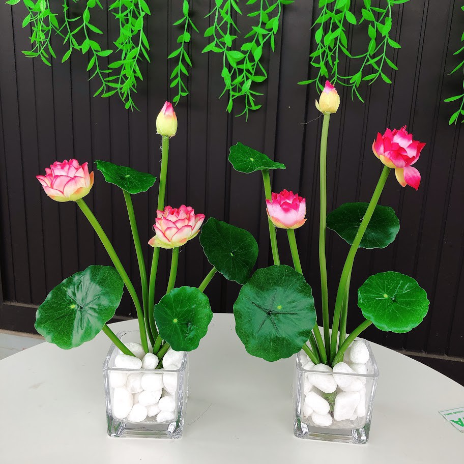 Cụm hoa sen cao cấp 2 bông 1 nụ 25cm kèm lá tuyệt đẹp trang trí phòng khách - Hoa giả lụa