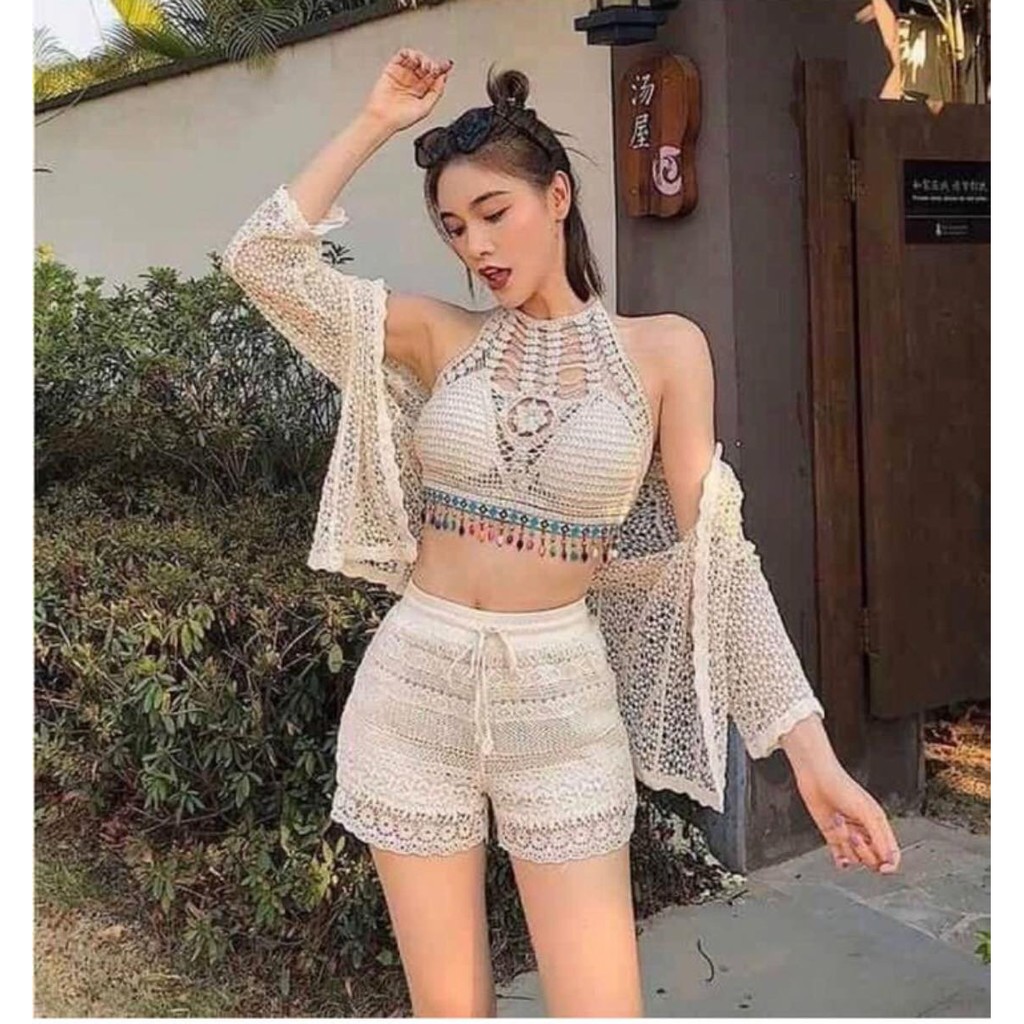 Set ren bikini đi biển áo bra yếm tua rua