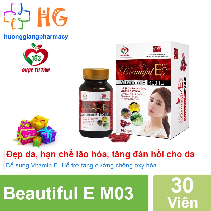 Beautiful E M03 - Bổ sung vitamin E giúp đẹp da,chống lão hóa da, tăng độ đàn hồi cho da. (Hộp 30 Viên)