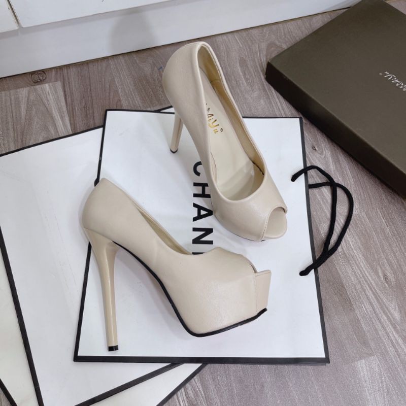 H(ẢNH THẬT)Giày Cao Gót Đế Đúp 13p Hở Mũi Da Mềm Êm Fullbox Cao Cấp