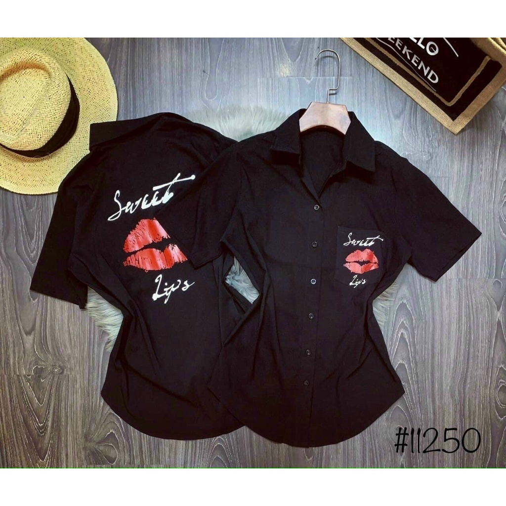 Áo sơ mi tay ngắn in hình môi chữ cực hot hit , chất kate mềm mịn mát NG alohashop91