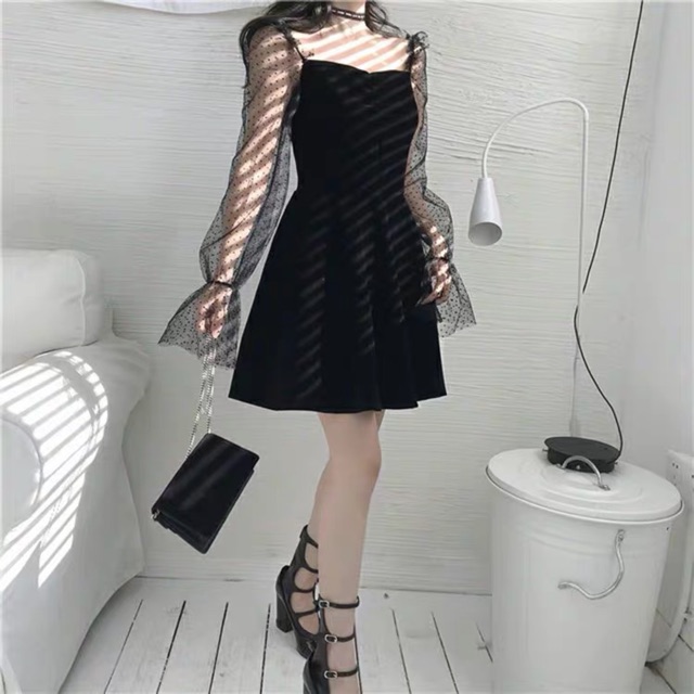 [Mã WASTMINI giảm 10% tối đa 30K đơn 150K] Đầm nhung đen tiểu thư tay ren sang chảnh ulzzang HQ 🖤 | BigBuy360 - bigbuy360.vn