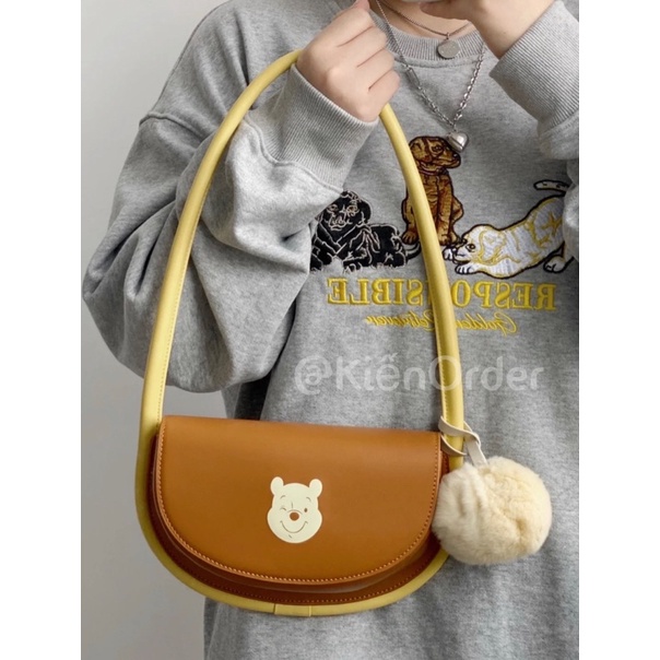 Túi Xách Đeo Vai Kẹp Nách Nữ Quảng Châu Gấu Pooh Kèm Móc Khoá Lông + Ảnh Thật