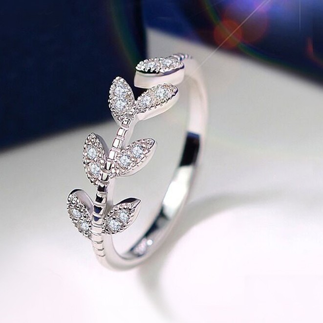 Nhẫn thiết kế hình chiếc lá đính hạt đá zircon nhân tạo đơn giản phong cách Hàn Quốc thời trang