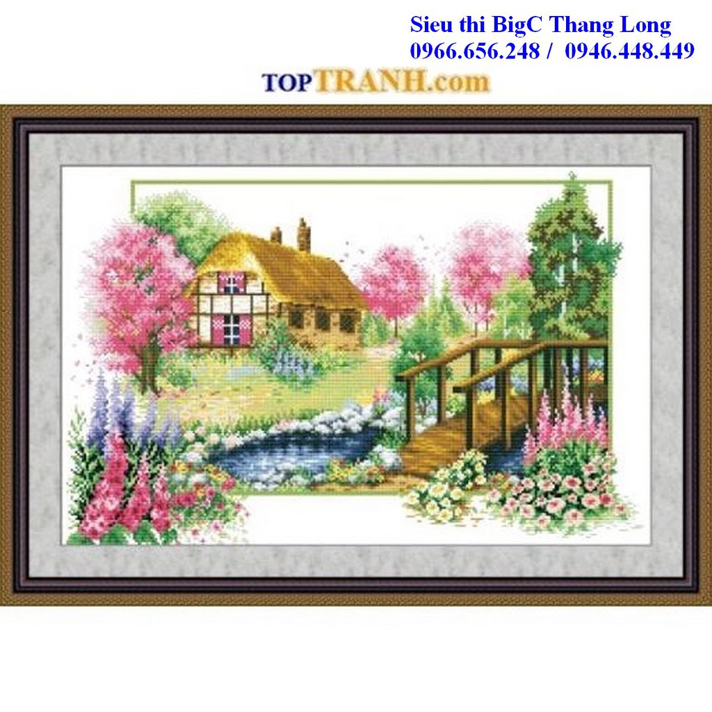 tranh thêu chữ thập ngôi nhà mùa xuân F224 (chưa thêu) phong cảnh bé