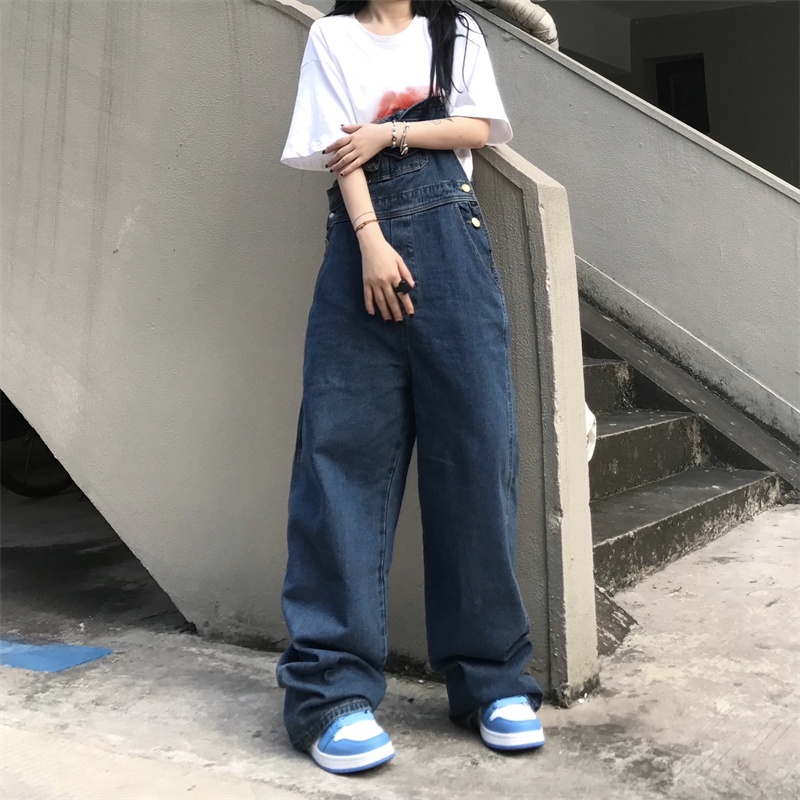 Quần yếm denim ống rộng phong cách Hàn Quốc cá tính dành cho nam và nữ 198575