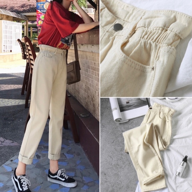 Quần baggy jean nhún eo. 2 màu đen - kem