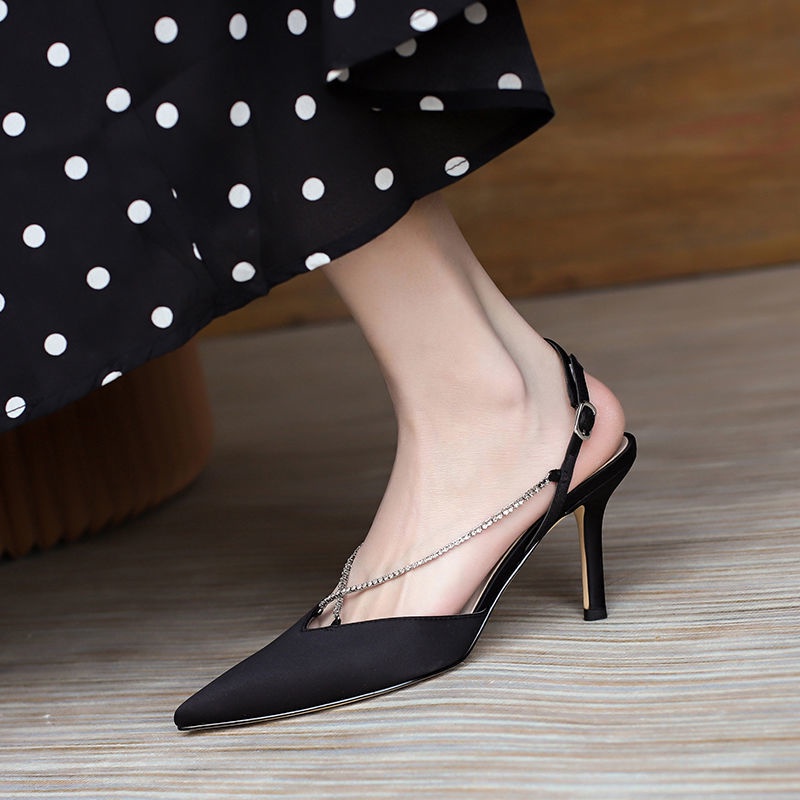 Giày Sandal Cao Gót Phối Dây Xích Đính Đá Phong Cách ck Thời Trang Mùa Hè Dành Cho Nữ~2022