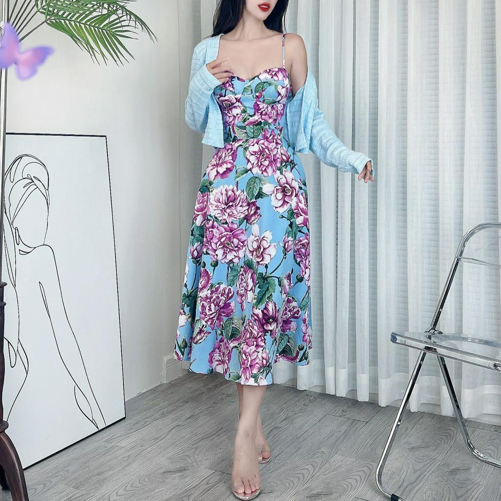 Đầm midi nữ 2 dây cúp ngực hoa MIMIX DA3225