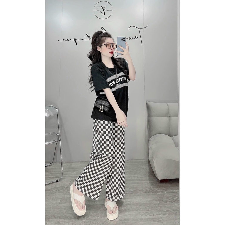 sét bộ thun diro quần sọc caro phối áo cổ tròn ngắn tay