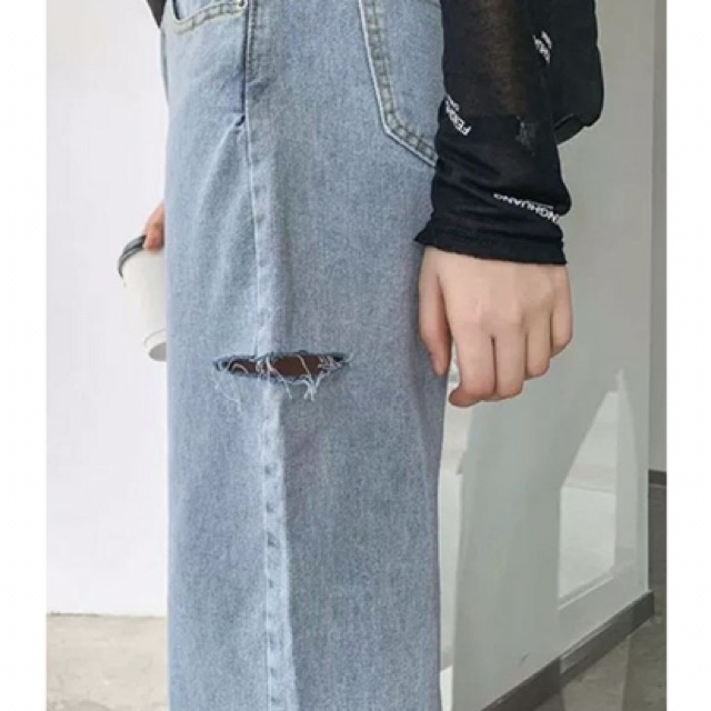 [Big Size] Quần Ống Rộng Rách 1 Hông Đùi Và Gối T - Form To Chuẩn Dài 105cm/ Quần Jeans Size Đại - Lưng Cao