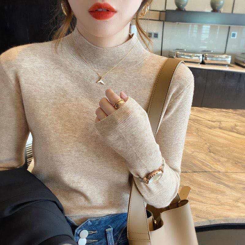 Áo sweater dệt kim RENJIANVSHENG tay dài cổ cao thời trang mùa thu cho nữ