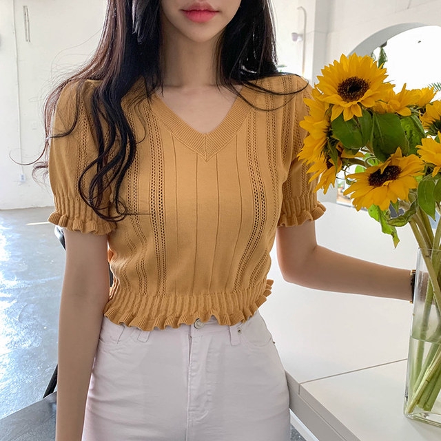 Áo Dệt Kim Ngắn Tay Cổ Chữ V Thời Trang