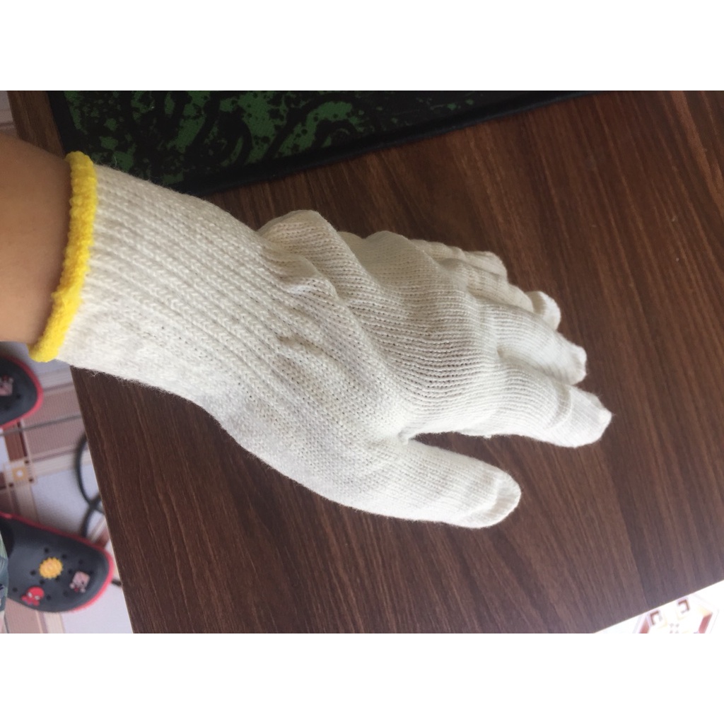 Găng tay bảo hộ lao động găng tay làm vườn chất liệu vải sợi len polyester màu trắng (1 đôi) viền đỏ, vàng ngẫu nhiên