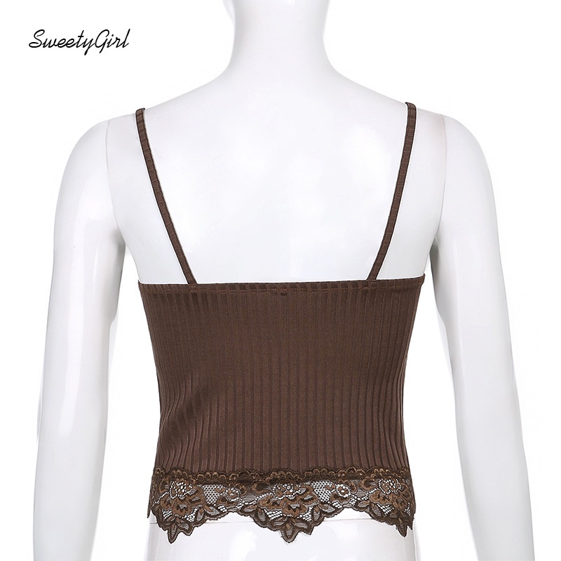 Áo Tank Top Hai Dây Cổ Chữ V Viền Ren Màu Trơn Thời Trang Đường Phố Cho Nữ