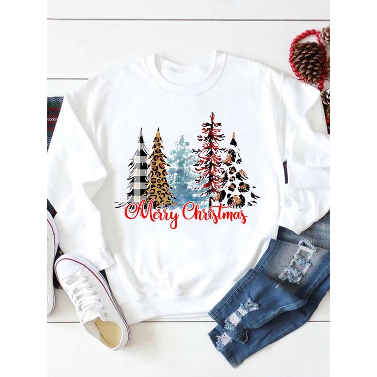 Áo Sweater Chui Đầu In Họa Tiết Cây Thông / Da Báo 90s Thời Trang Mùa Đông Cho Nữ