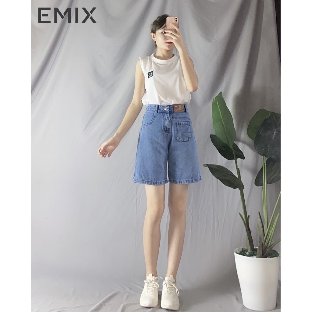 Quần short nữ chất jean cạp cao túi trước EMIX (2 màu), unisex, form rộng, chất đẹp không bai màu, năng động 9015