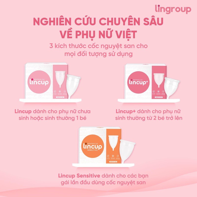 Cốc Nguyệt San LINCUP Hàng Chuẩn Của Mỹ Đầy Đủ 3 zize Cho Bạn Lựa Chọn, Mềm Mại Chống Tràn, Tiện Lợi