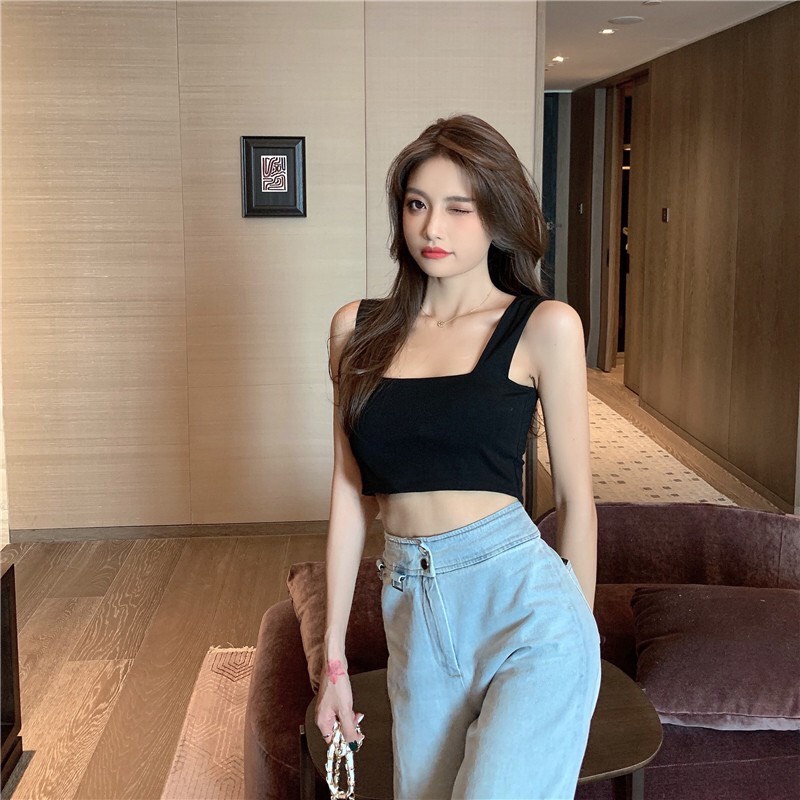 Áo hai dây bản to có mút ngực dáng croptop ,cổ vuông hai dây phong cách ulzzang, style Hàn Quốc