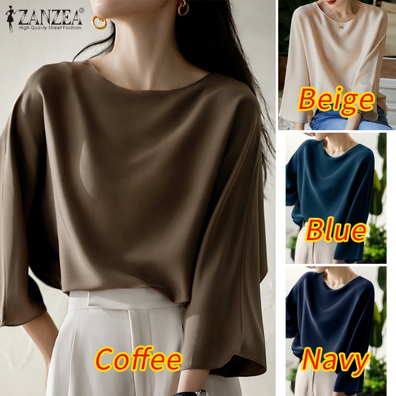 ZANZEA Áo Sơ Mi Vải Satin Tay Lửng Cổ Tròn Dáng Rộng Thời Trang Cho Nữ
