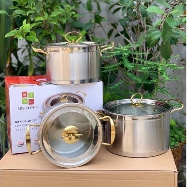 Bộ 3 nồi Misu Louis inox 304 cao cấp, bộ nồi inox đáy 3 lớp sử dụng cho mọi loại bếp giữ nhiệt nấu nhanh