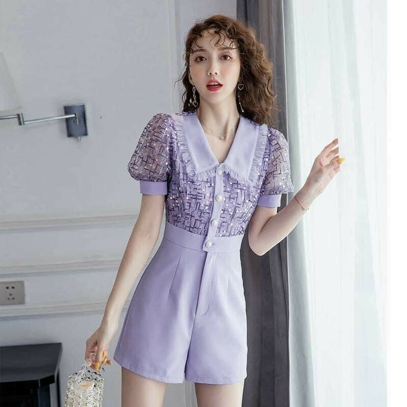 Hàng nhập - Jumpsuit ngắn xô lụa phối ren kim sa, bộ jum đùi đồ bay xinh xắn trẻ trung