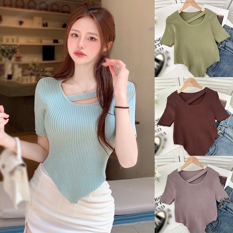 Áo Thun Dệt Kim Màu Trơn Viền Cong Quyến Rũ Thời Trang Đường Phố Mùa Hè Màu Sắc Gợi Cảm Dành Cho Bạn Nữ