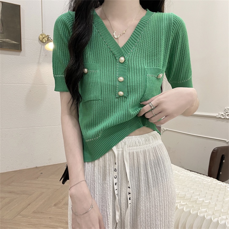 SUXI Áo Thun Dệt Kim Tay Ngắn Cổ Chữ V Màu Sắc Trơn Phong Cách Hàn Quốc Cho Nữ