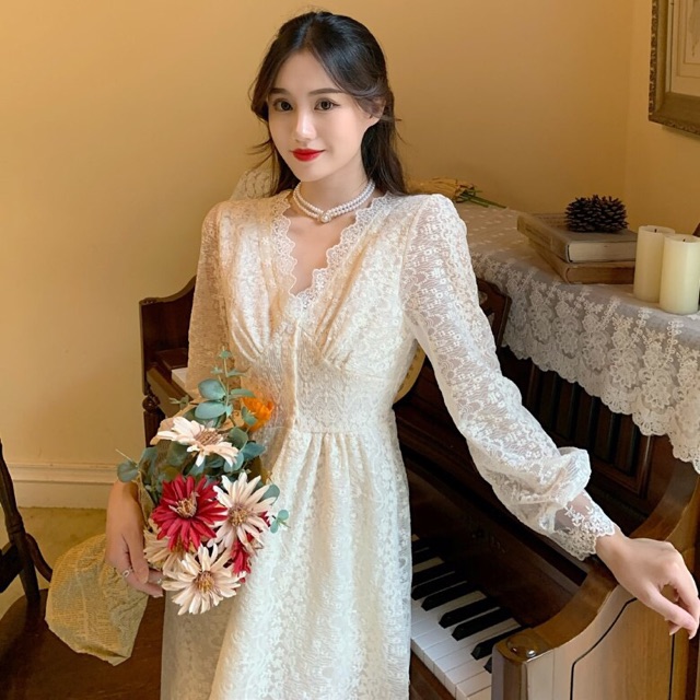 Váy ren cổ v dáng dài vintage / váy ren tiểu thư