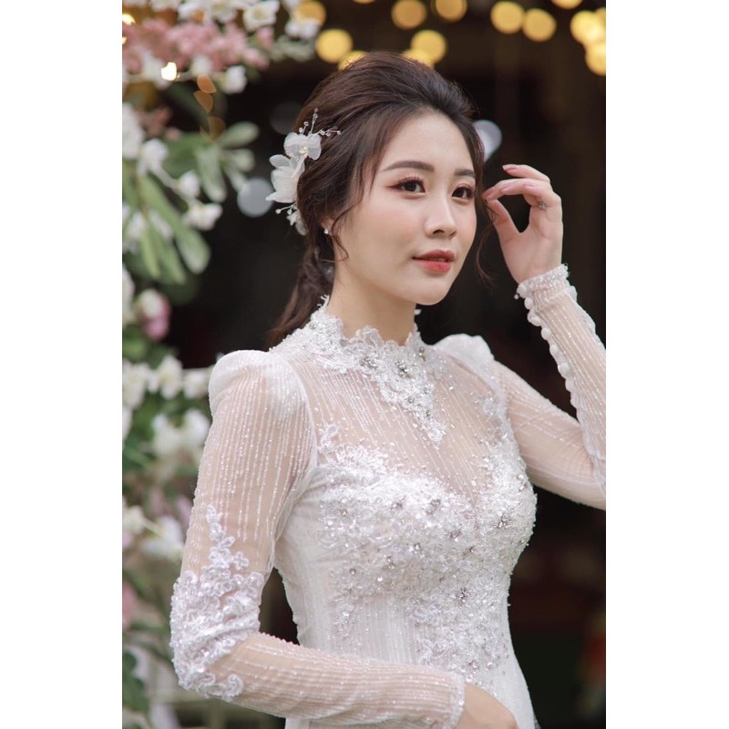 áo dài trắng lễ hỏi ren kim tuyến