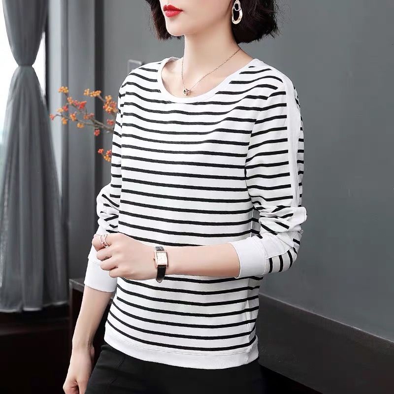 [ Mã 11FASHIONSALE1 giảm 10K đơn 50K ] Áo Thun Dài Tay Dáng Rộng Hoa Văn Kẻ Sọc Thời Trang Dành Cho Phụ Nữ Trung Niên | BigBuy360 - bigbuy360.vn