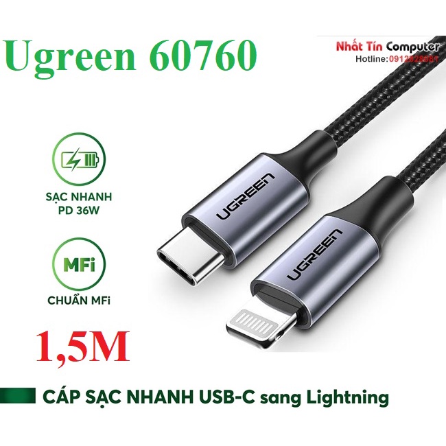 Cáp sạc USB Type-C to Lightning bọc dù dài 1,5m chuẩn MFI , sạc nhanh PD 36W Ugreen 60760